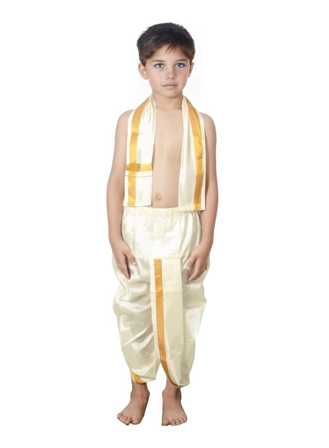 Chandrakala Dhoti & Angvastram Set for Boys, South indian Dress with Golden Border,Cream-Gold,11-12 Years (KB105CRE13) - Image 1